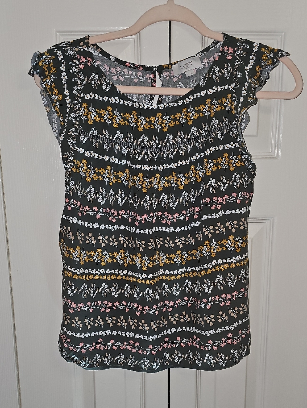LOFT Black Floral Stripe Flutter Sleeve Blouse with Pink & Mustard